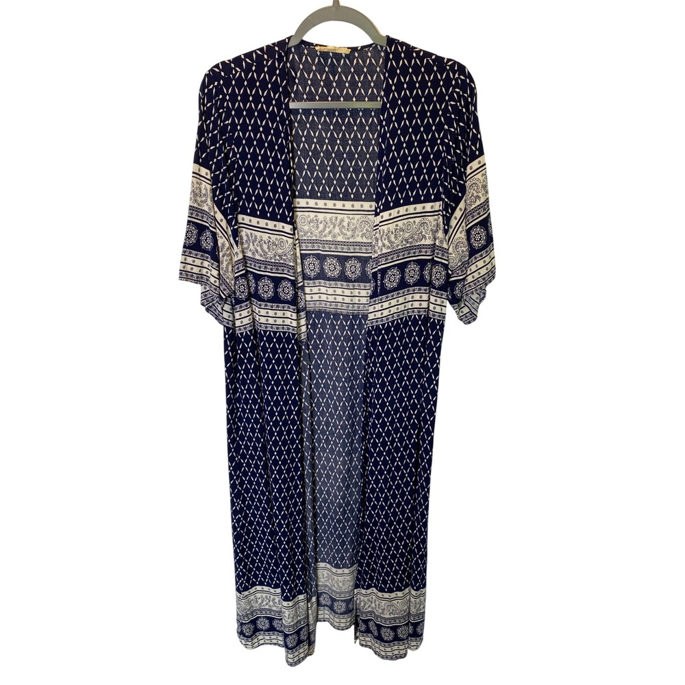 Entro Kimono Duster Womens Small Navy Blue Paisley Geometric Beach Coverup Boho